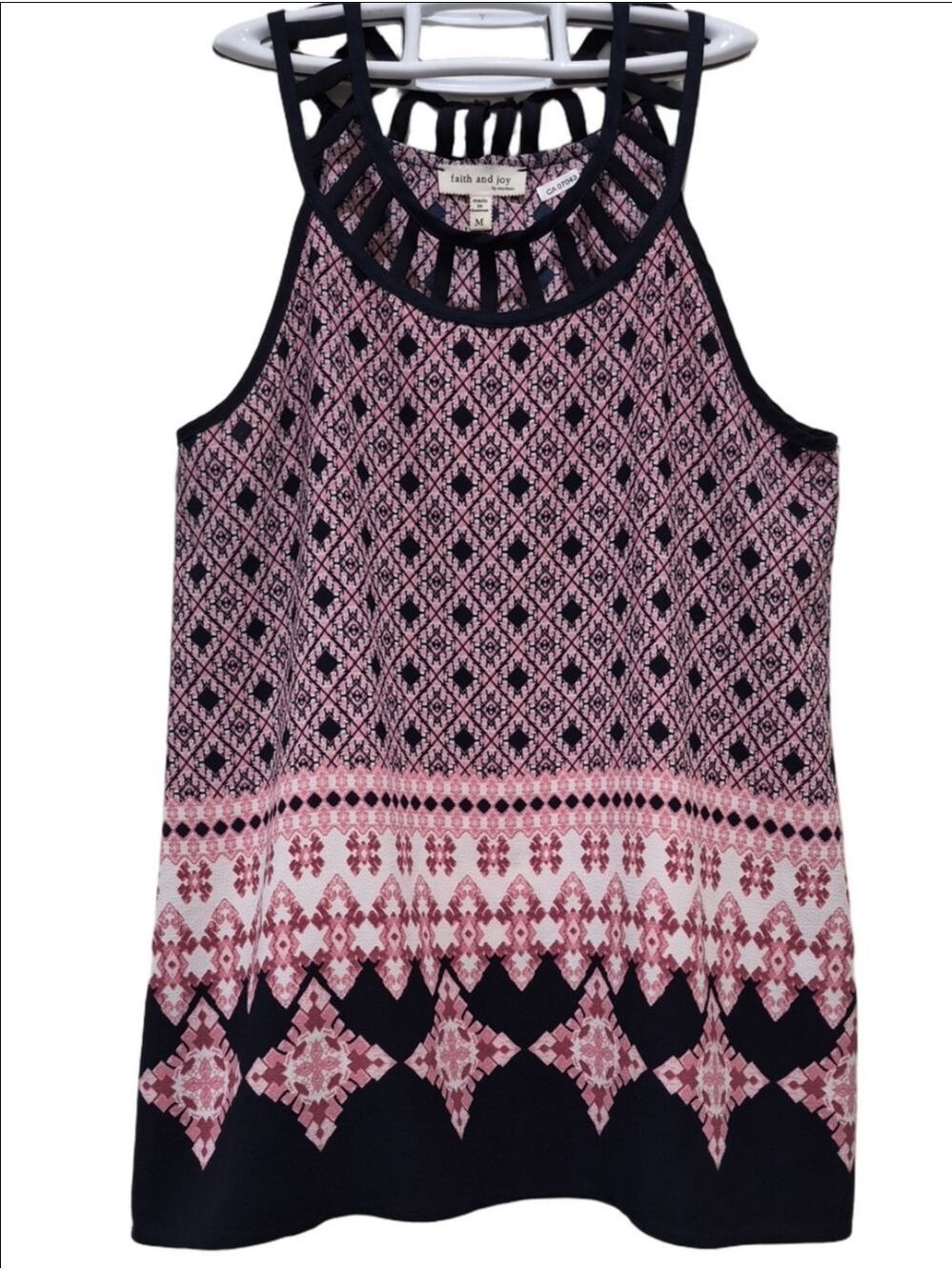 Faith & Joy Lattice Halter Neck Tank Top Geometric Boho Border Print Sz M